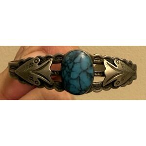 Vintage Southwestern Bell Nickel Silver Turquoise Petite 5 1/2" Cuff Bracelet